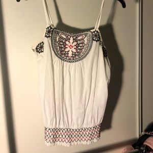 White, black and red pattern top